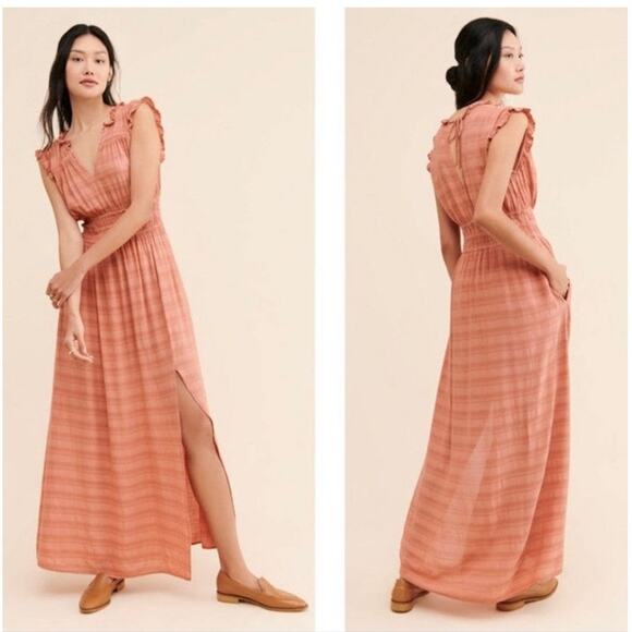 Anthropologie Philipa Maxi Side Slit Ruffle V Neck Shirred Waist Dress Size XL - Picture 1 of 11